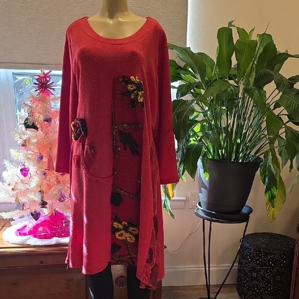 Red Floral Knit Tunic Dress